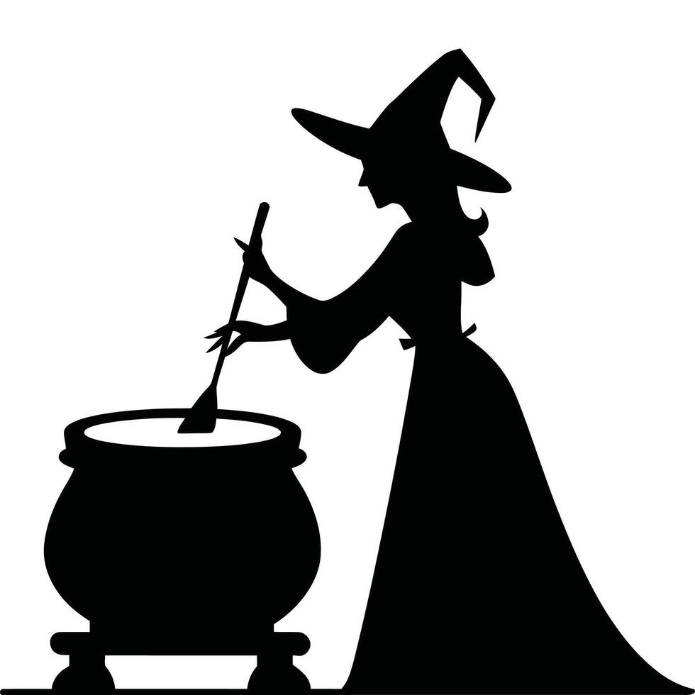 A silhouette of a witch with a pot of boiling water vector