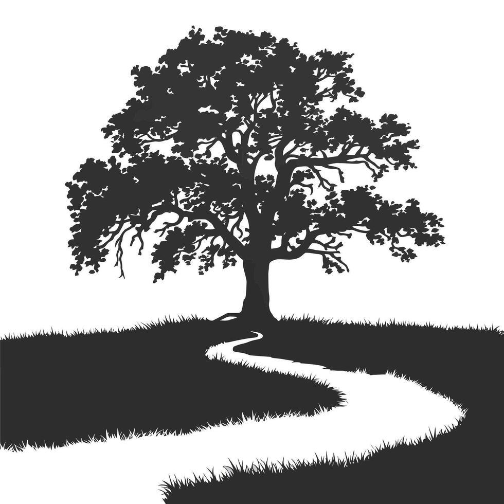 Silhouette of a lone oak tree in a meadow. vector