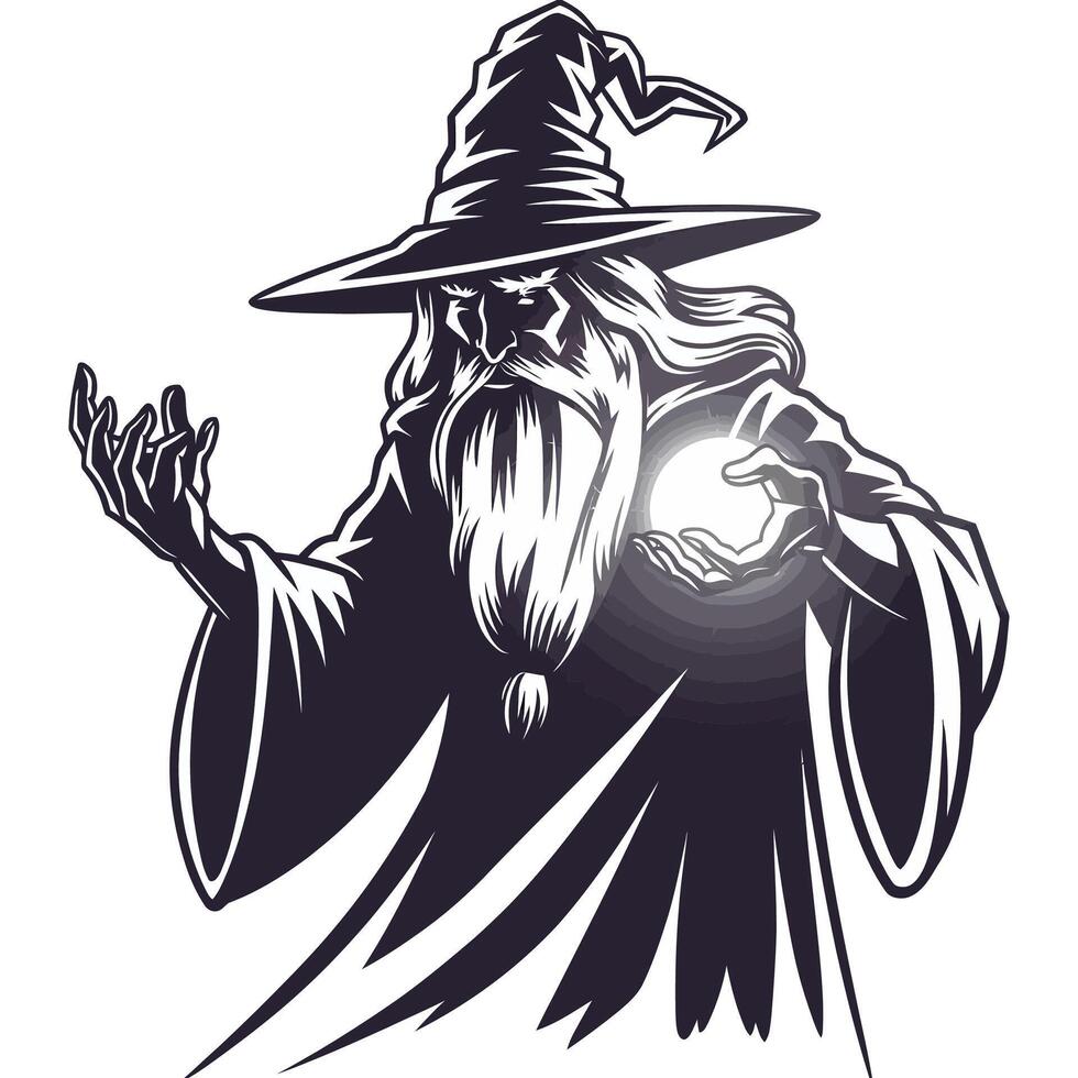 A wizard with a hat and long beard holding a magic ball vector