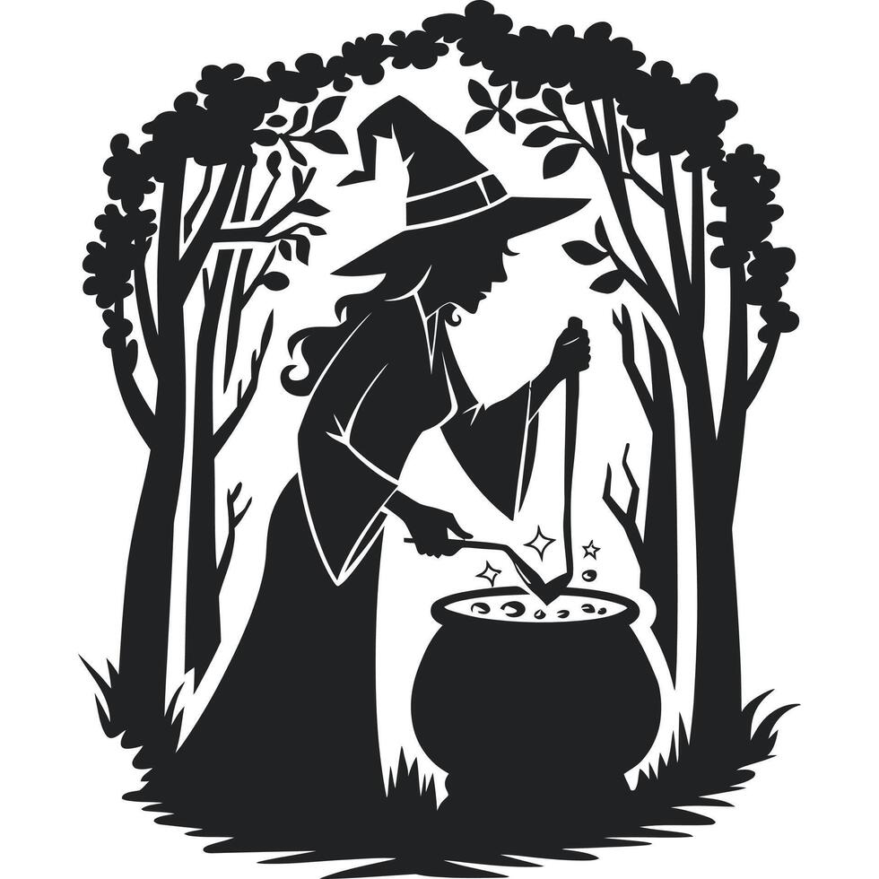 A witch is cooking in a cauldron in the woods vector