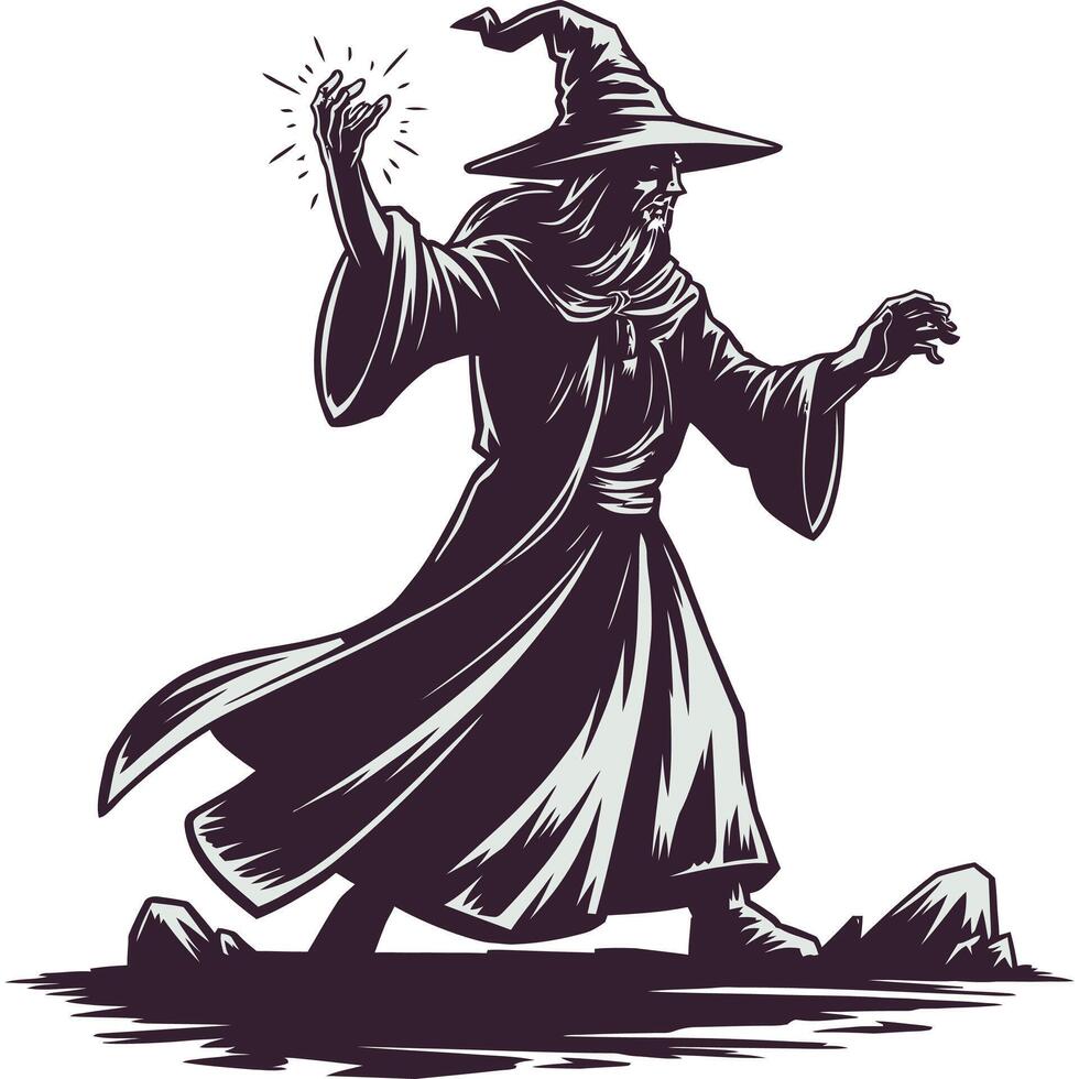 A wizard in a hat and robe with a wand in his hand vector