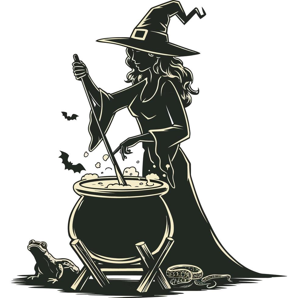 Witch cauldron with witch and frog vector