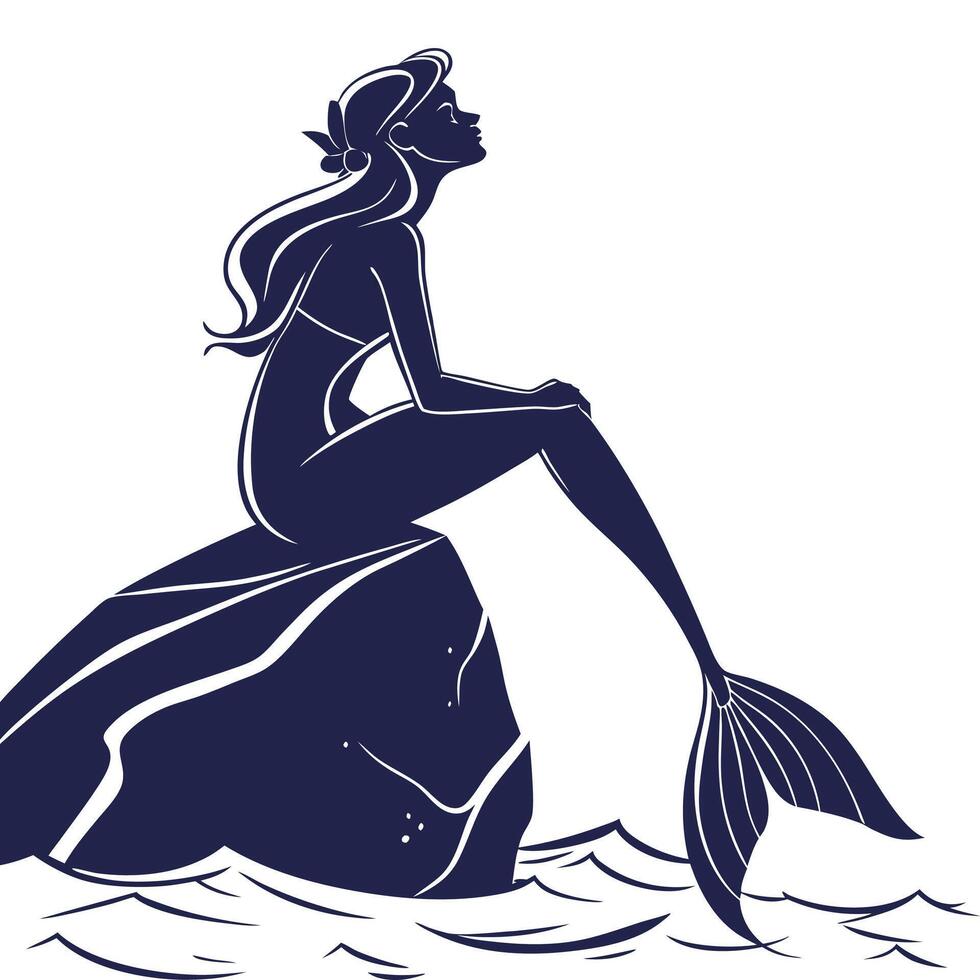 Mermaid sitting on rock with waves and waves illustration vector