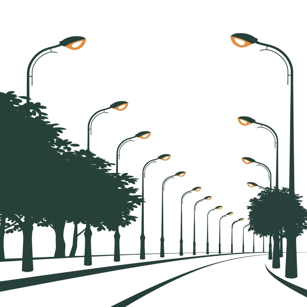 Silhouette of streetlights lining a deserted street. vector