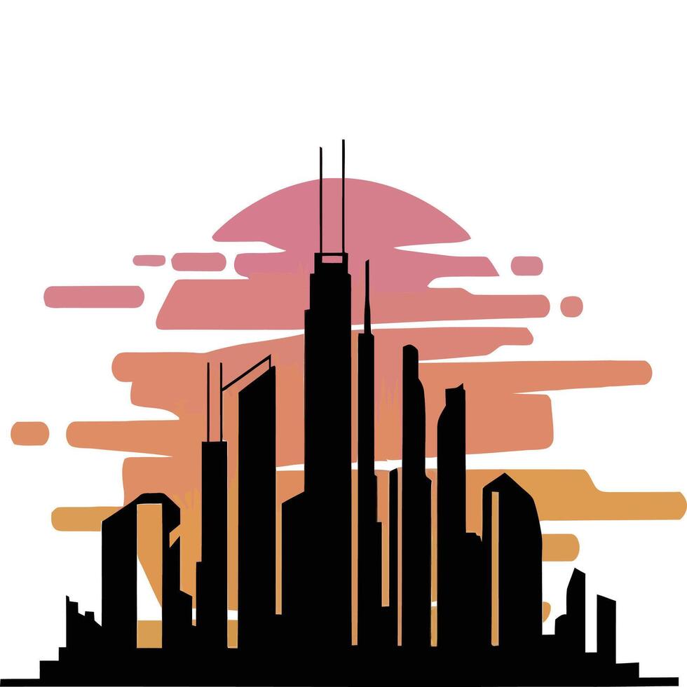 A city skyline with buildings and a sunset in the background vector