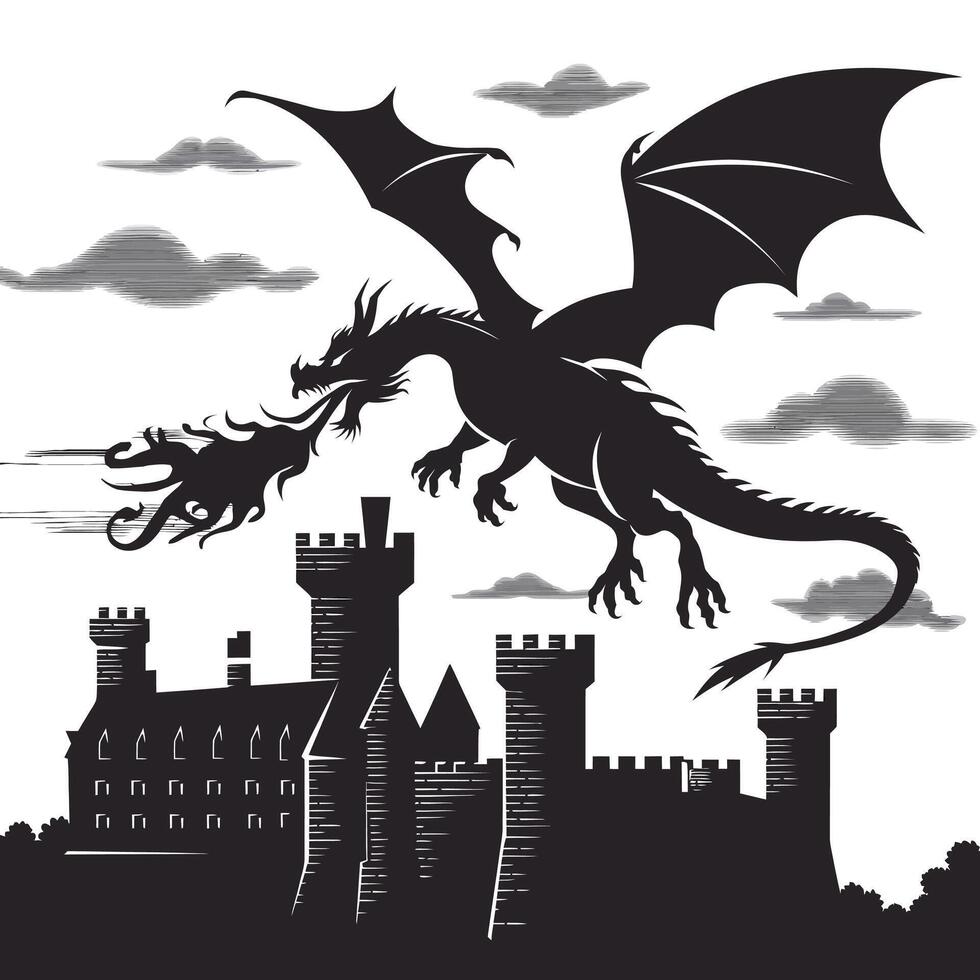 A black and white illustration of a dragon flying over a castle vector