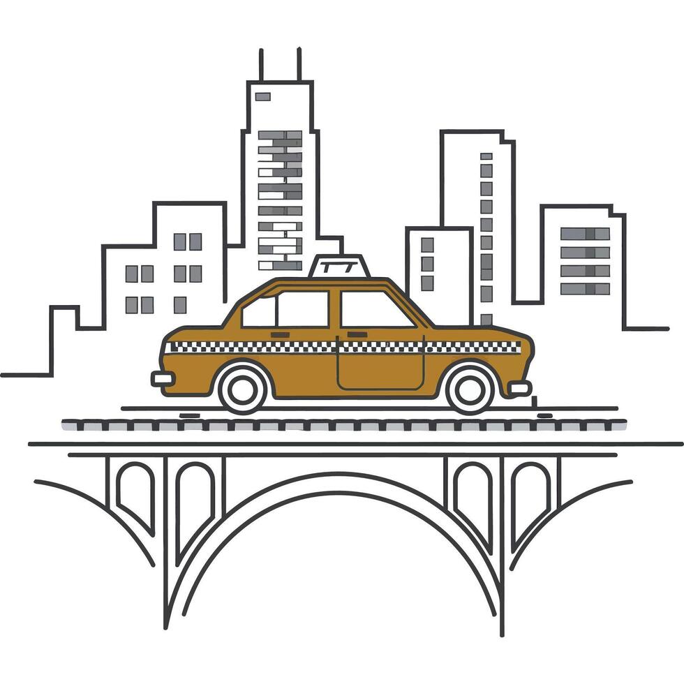 A taxi cab driving over a bridge with a city in the background vector