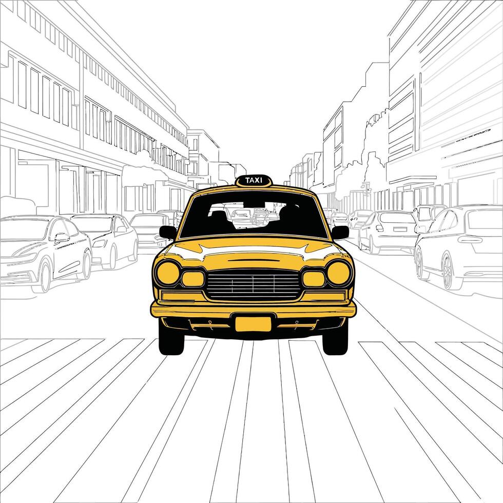 A drawing of a taxi cab on the street vector