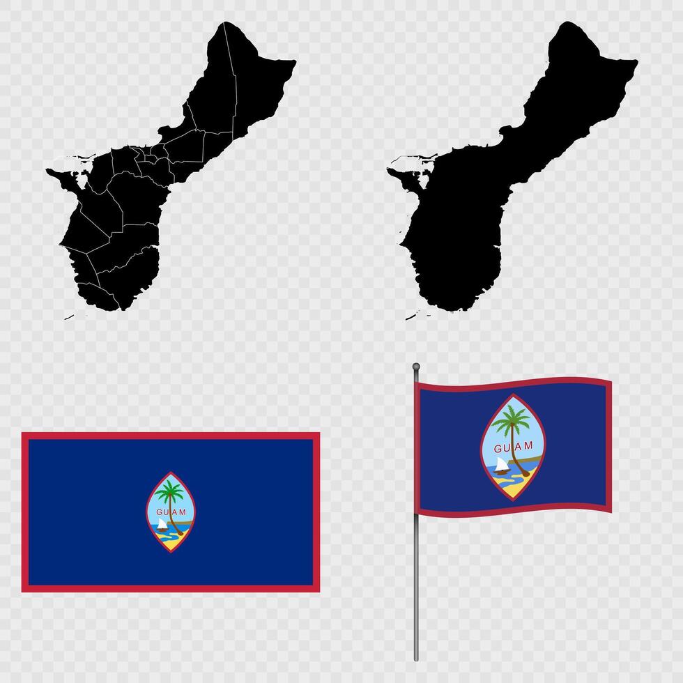 Set of maps, flag and flagpole of Guam. illustration. vector