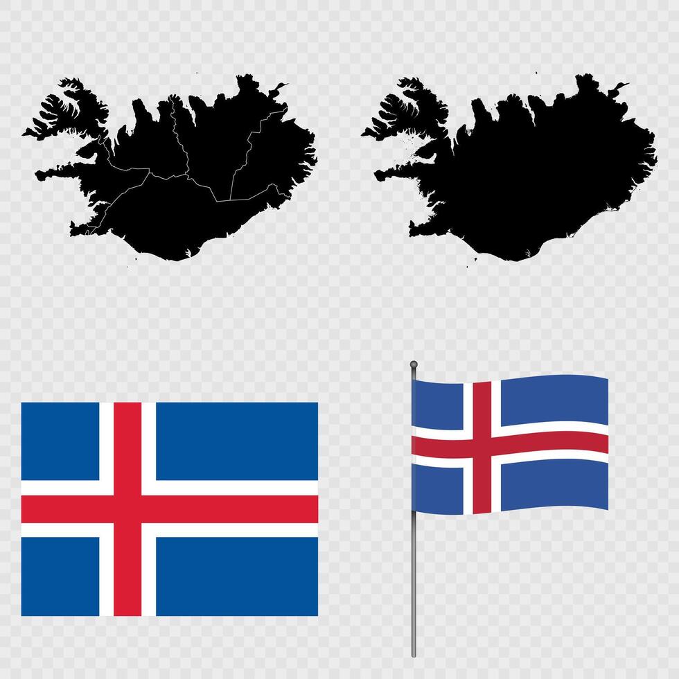Set of maps, flag and flagpole of Iceland. illustration. vector