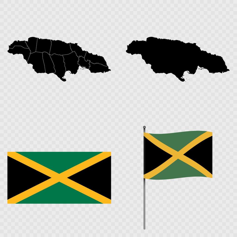 Set of maps, flag and flagpole of Jamaica. illustration. vector