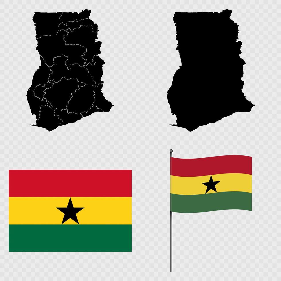 Set of maps, flag and flagpole of Ghana. illustration. vector
