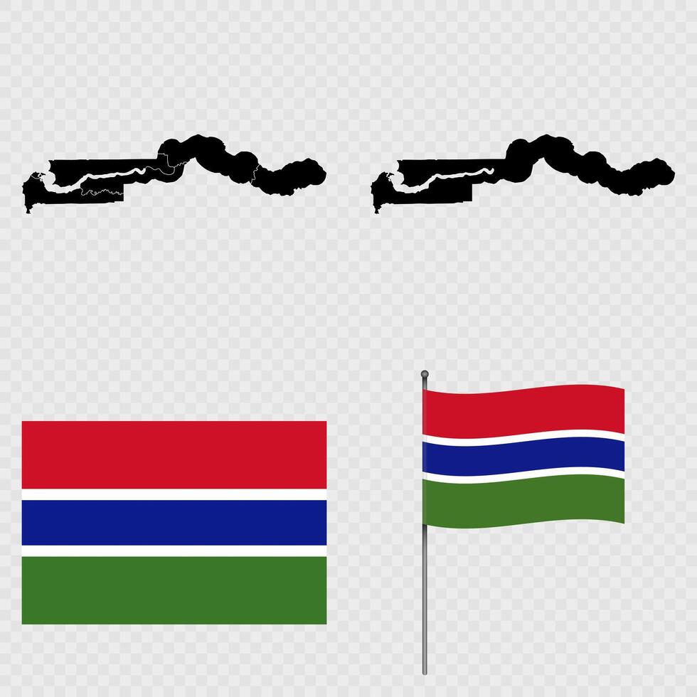 Set of maps, flag and flagpole of Gambia. illustration. vector