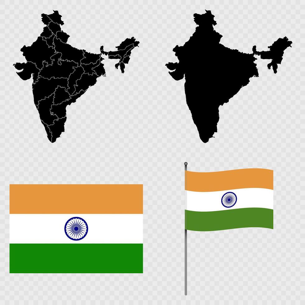 Set of maps, flag and flagpole of India. illustration. vector