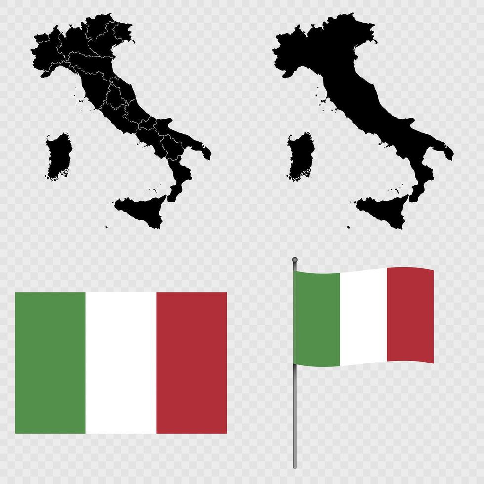 Set of maps, flag and flagpole of Italy. illustration. vector