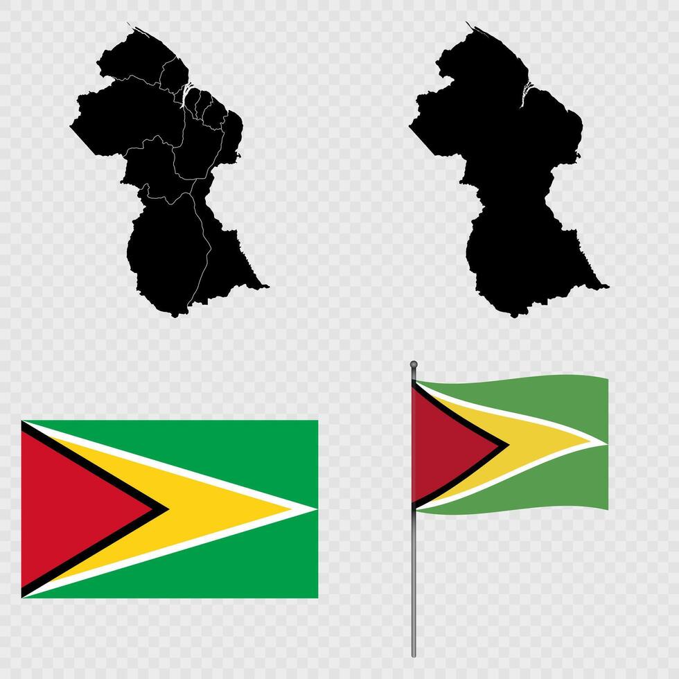 Set of maps, flag and flagpole of Guyana. illustration. vector