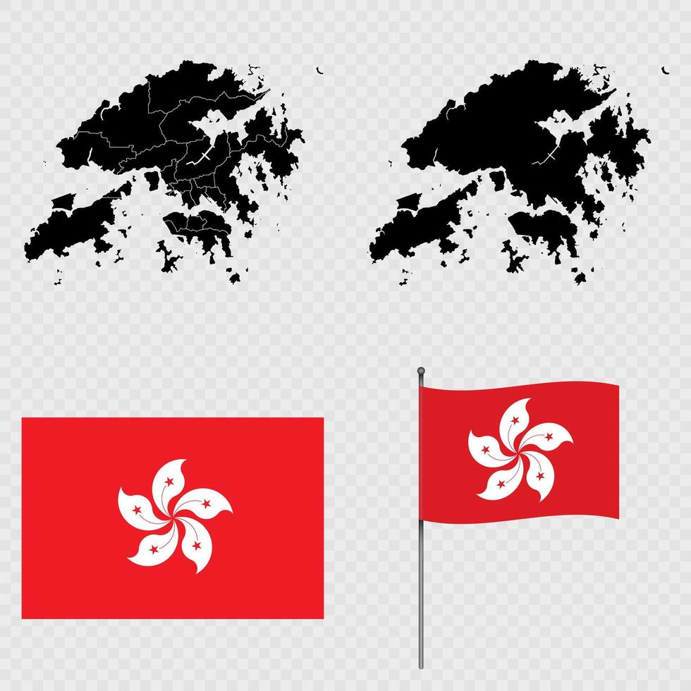 Set of maps, flag and flagpole of Hong Kong. illustration. vector