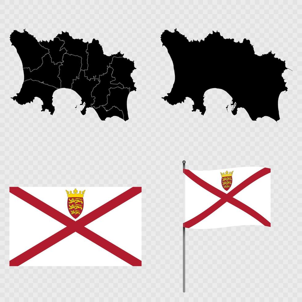 Set of maps, flag and flagpole of Jersey. illustration. vector