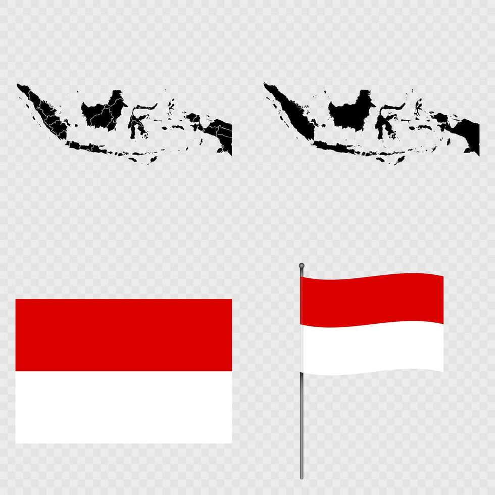 Set of maps, flag and flagpole of Indonesia. illustration. vector