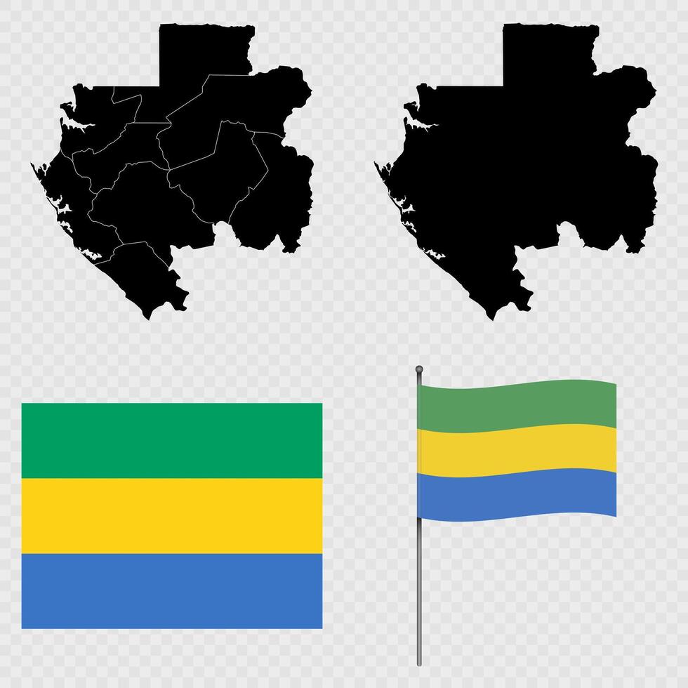 Set of maps, flag and flagpole of Gabon. illustration. vector