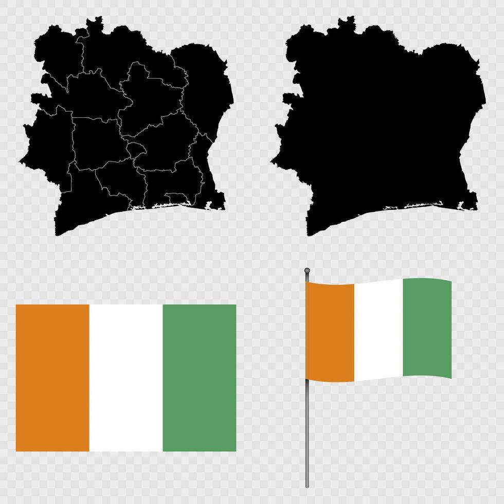 Set of maps, flag and flagpole of Ivory Coast. illustration. vector