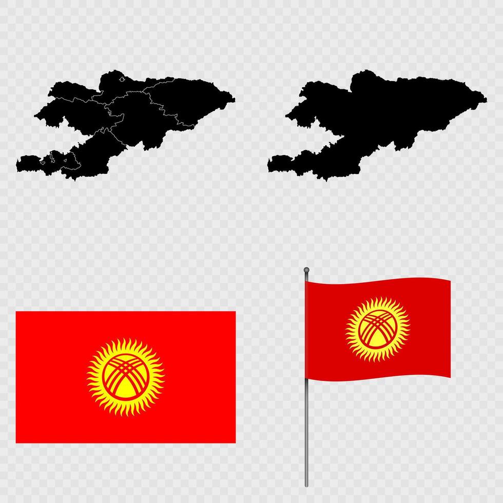 Set of maps, flag and flagpole of Kyrgyzstan. illustration. vector