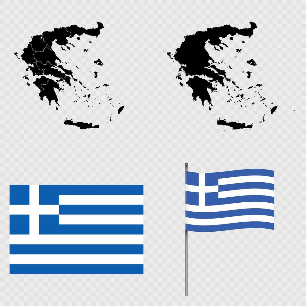 Set of maps, flag and flagpole of Greece. illustration. vector