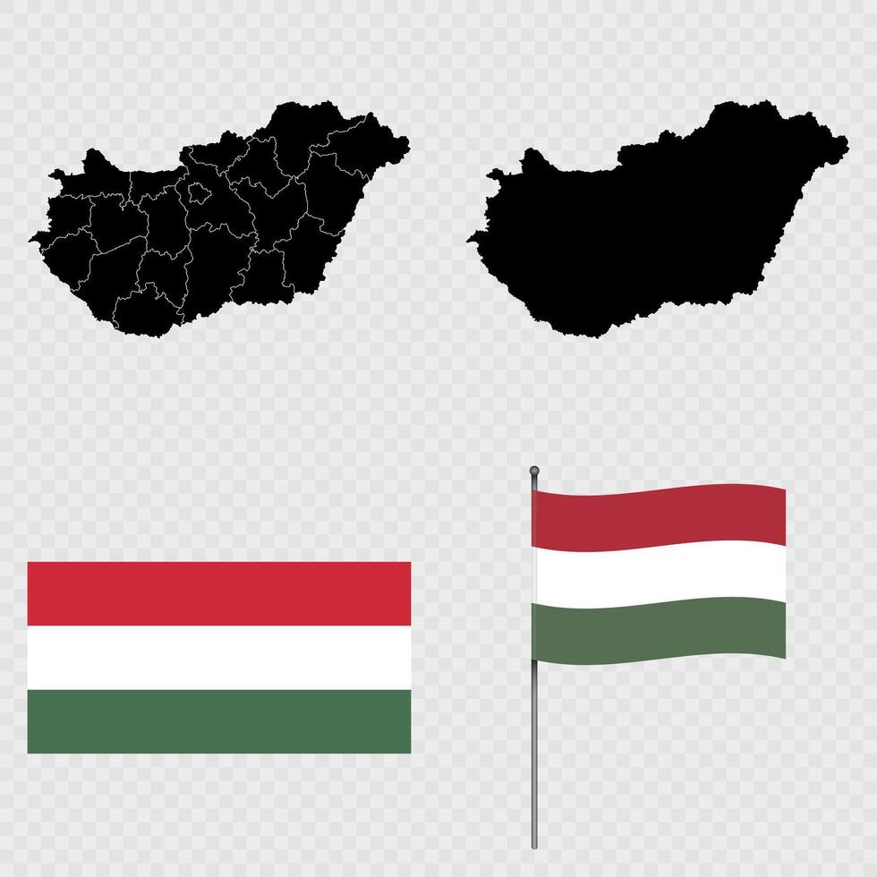 Set of maps, flag and flagpole of Hungary. illustration. vector
