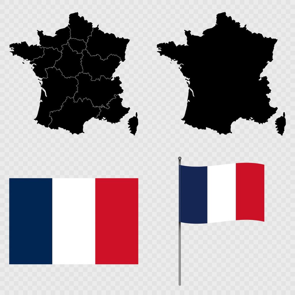 Set of map of region, flag and flagpole of France. illustration. vector