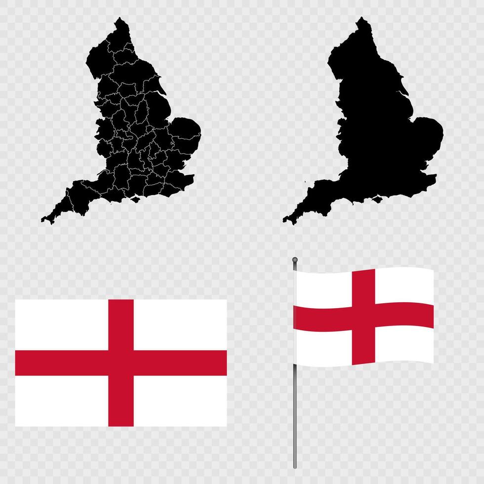 Set of maps, flag and flagpole of England. illustration. vector