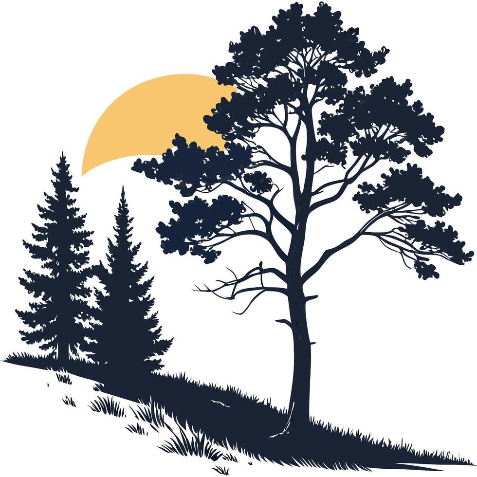 A silhouette of a tree and a sun vector
