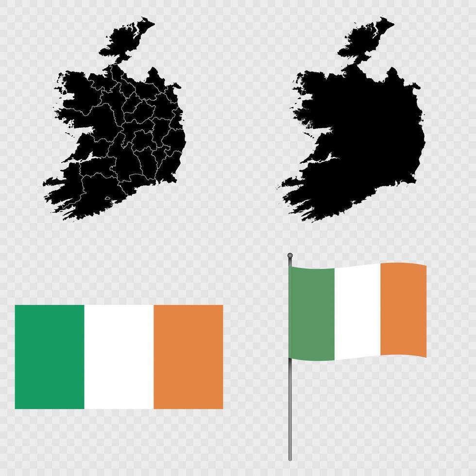 Set of maps, flag and flagpole of Ireland. illustration. vector