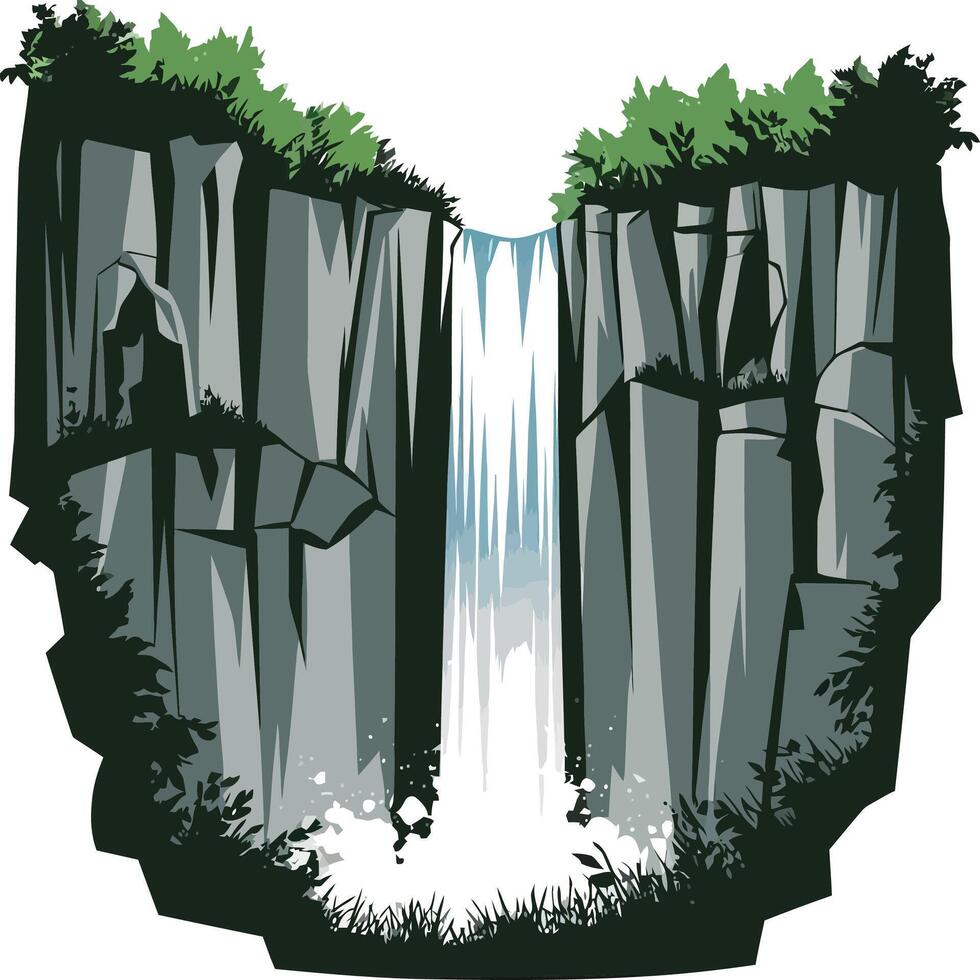 A waterfall with a green forest and rocks vector