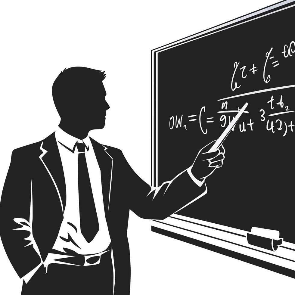 A man in a suit and tie is pointing at a blackboard with formulas on it vector