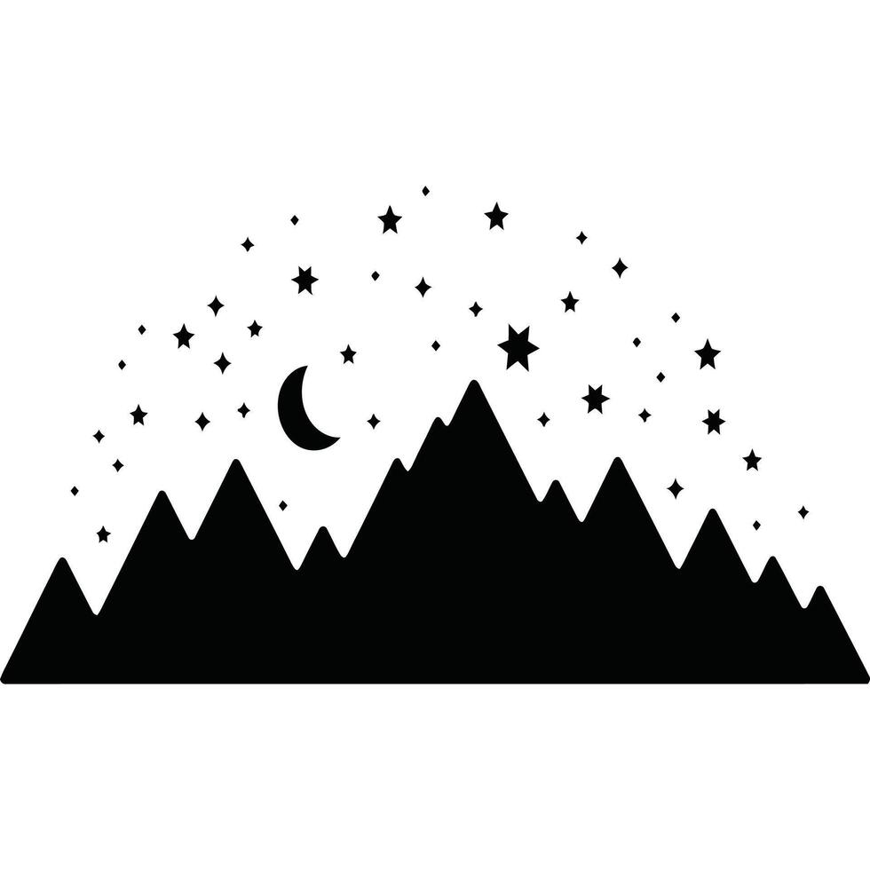 A black and white silhouette of mountains and stars vector