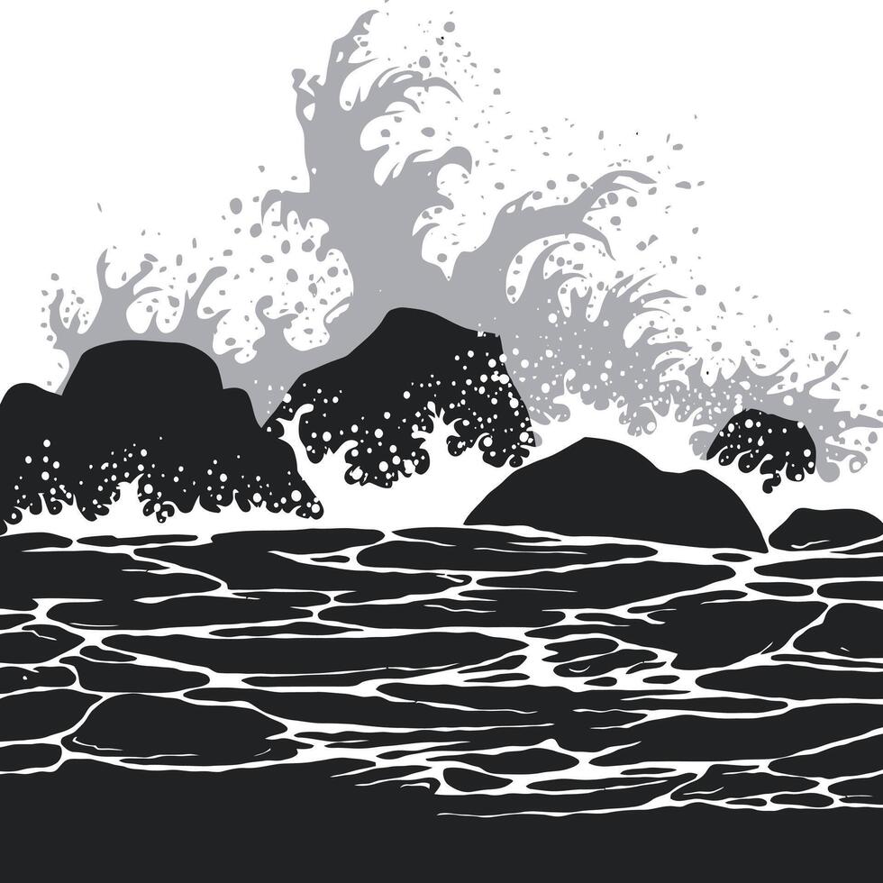 Silhouette of waves crashing on rocks vector