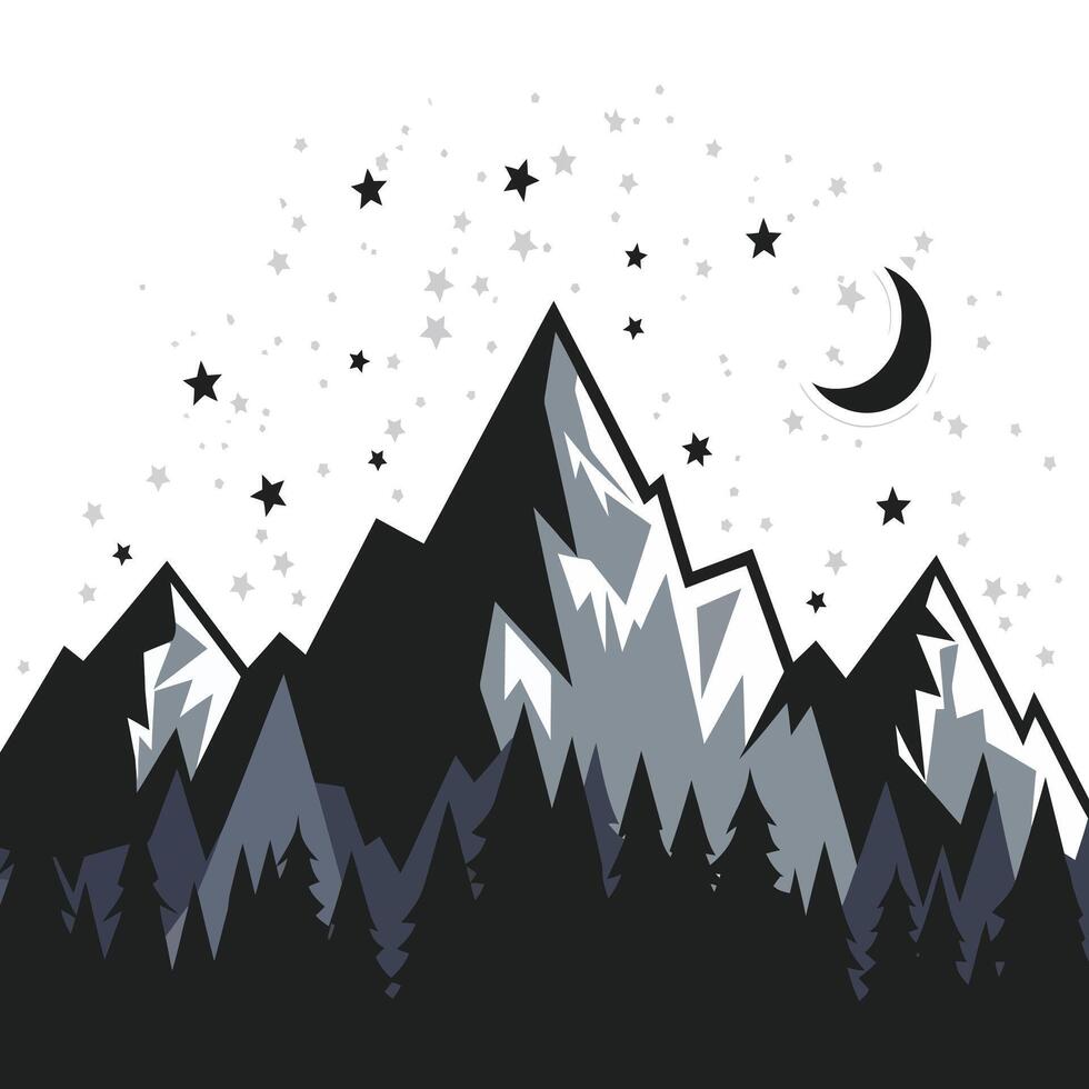 Mountains and trees with stars and moon in the night vector