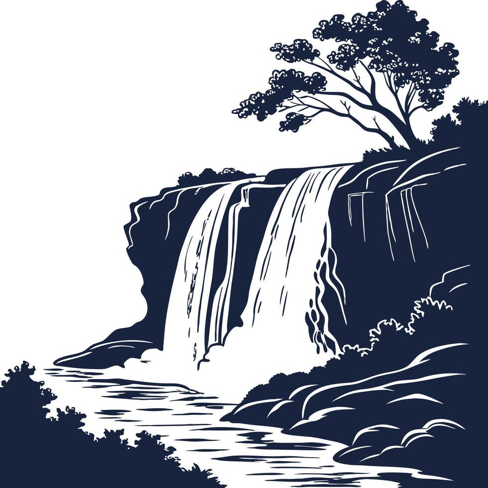 Silhouette of a waterfall cascading down cliffs. vector