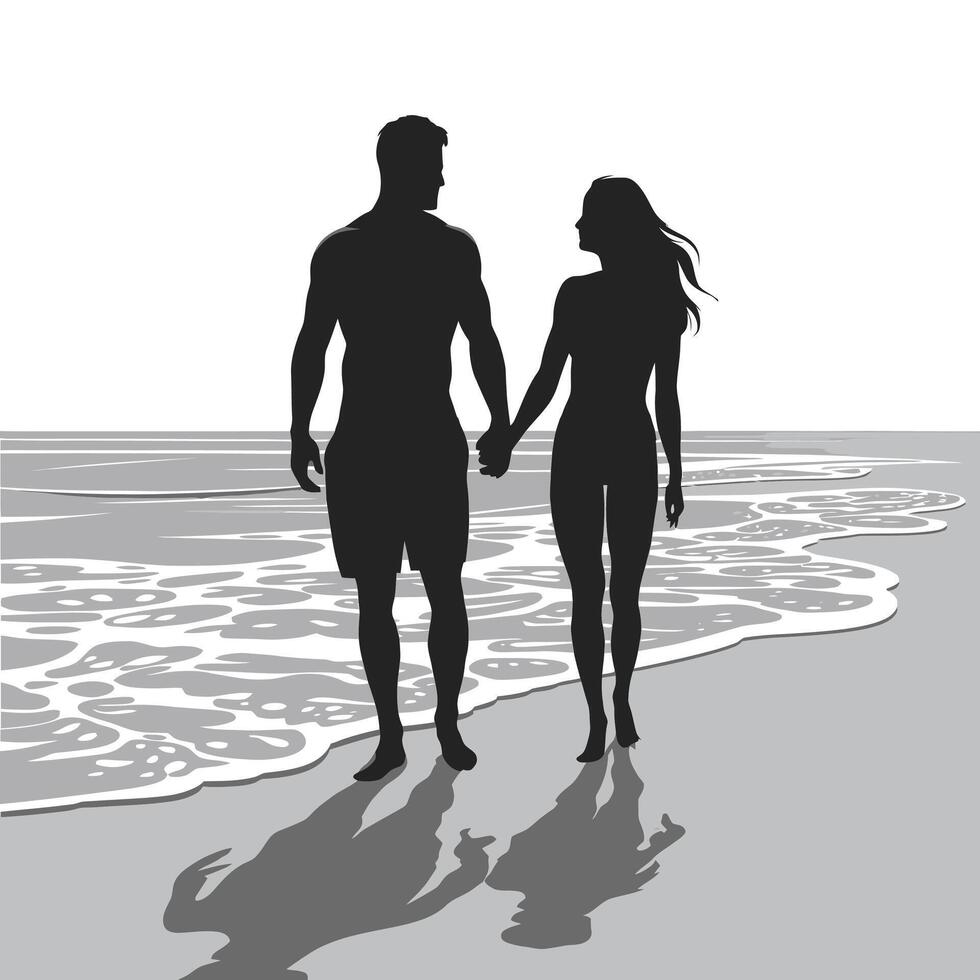 Silhouette of a couple walking on the beach vector