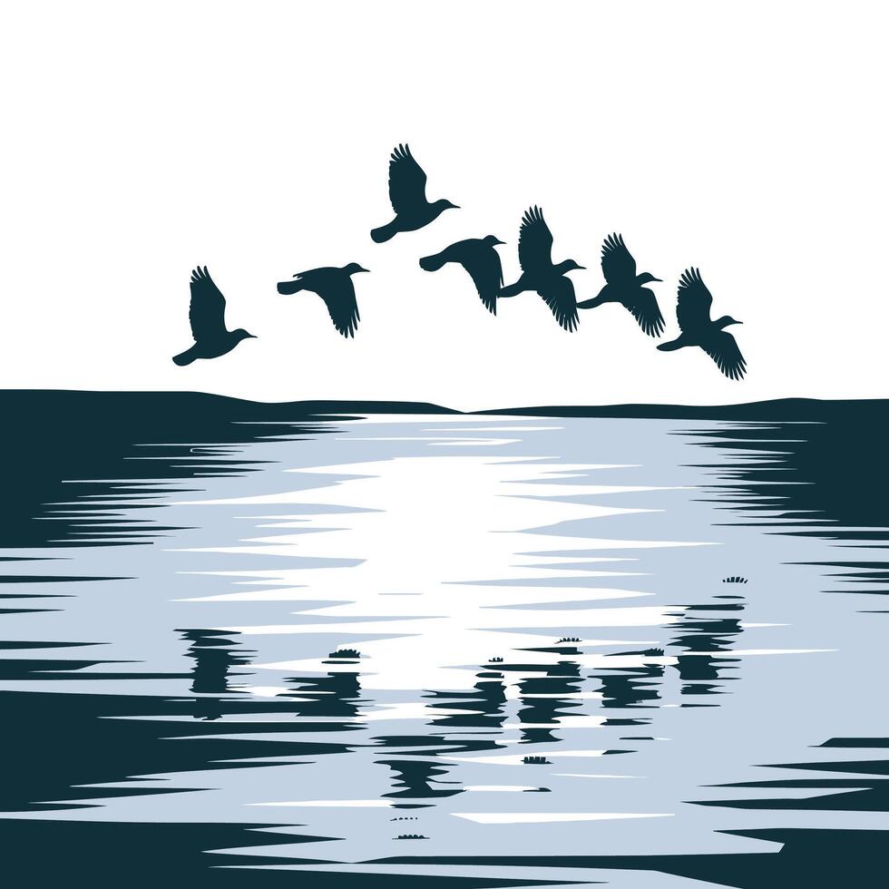 Birds flying over the water vector