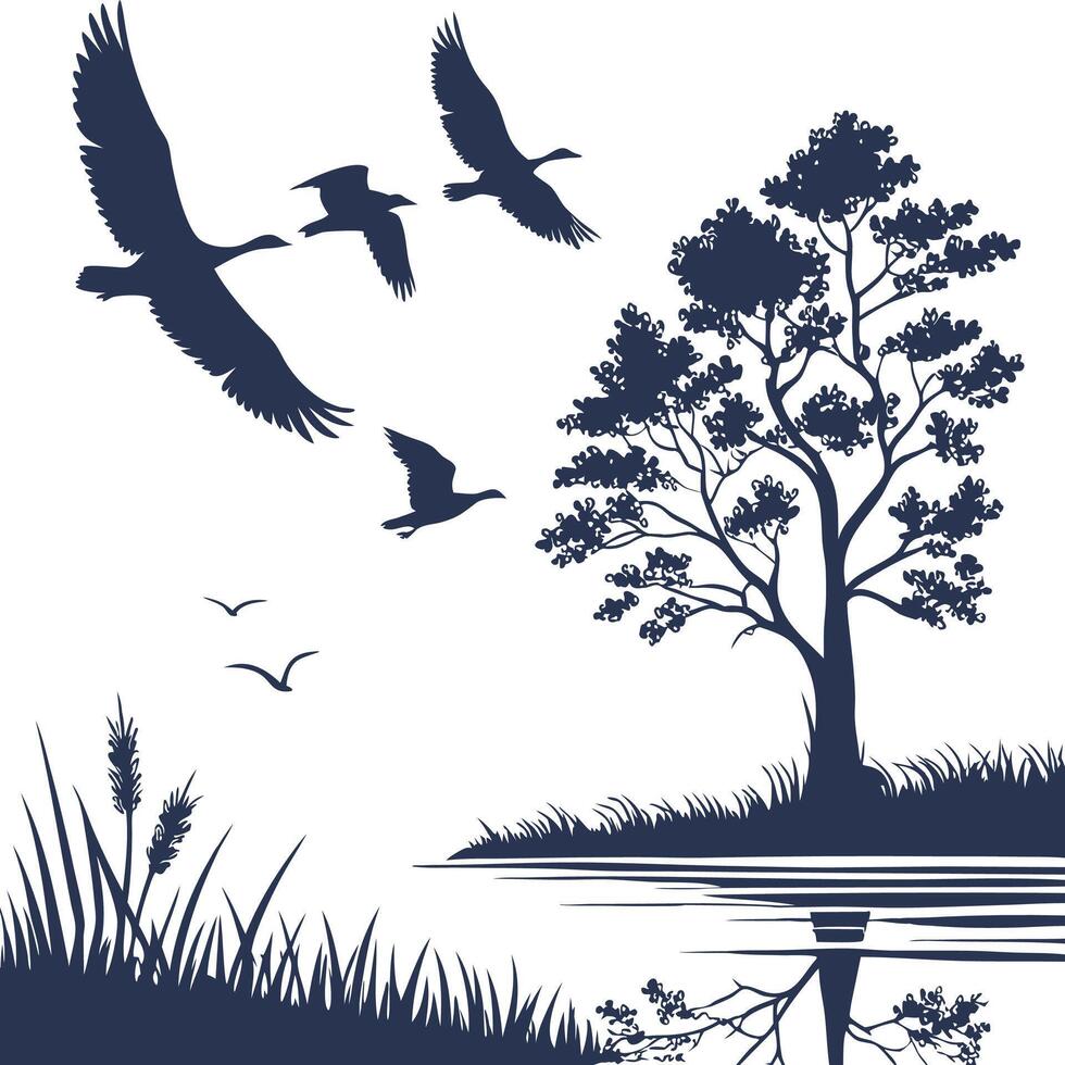 Birds flying over a tree and lake vector