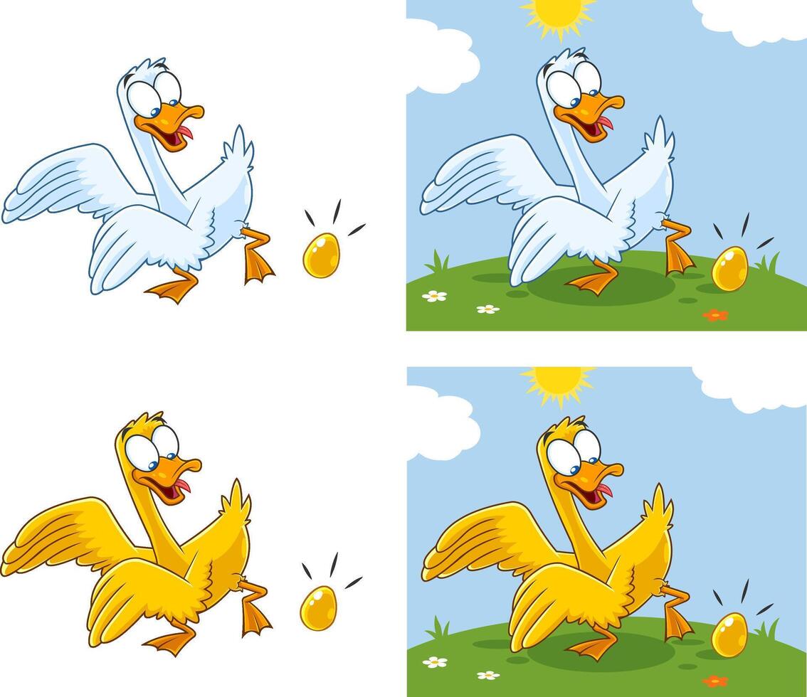 Goose Or Duck Cartoon Characters With Egg. Collection Set Isolated On White Background vector