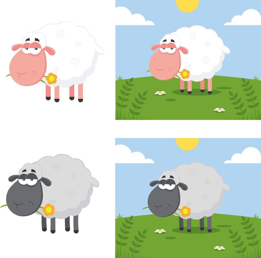 Sheep Cartoon Characters With A Flower. Flat Design Collection Isolated On White Background vector