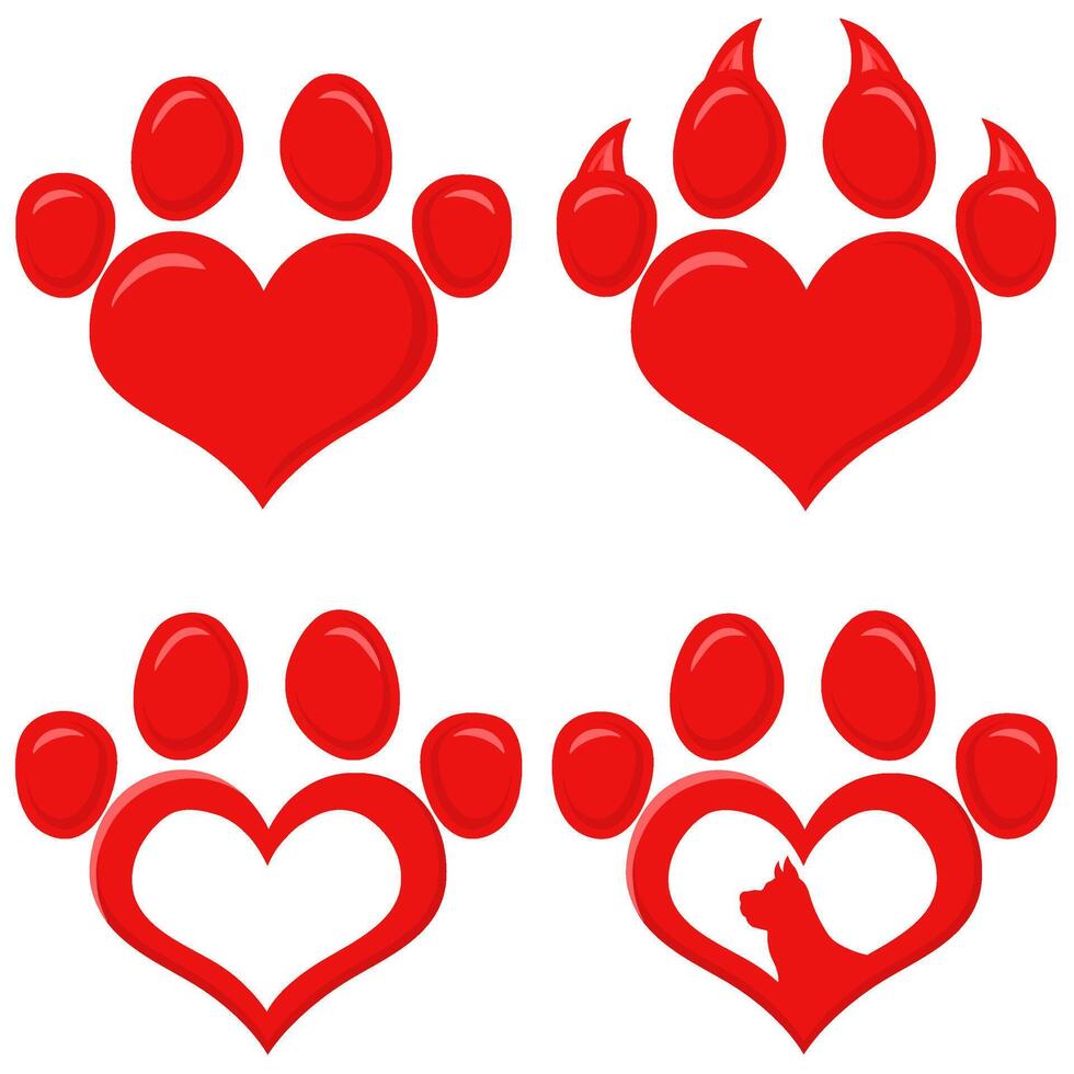 Red Love Paw Silhouette Print Logo Flat Design Collection 1 Isolated On White Background vector
