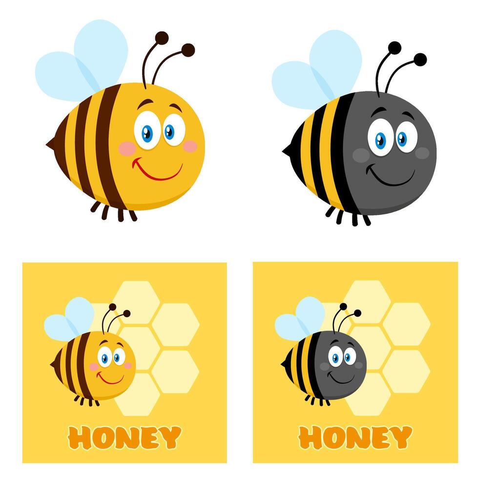 Cute Bee Cartoon Character Set. Flat Collection Isolated On White Background vector