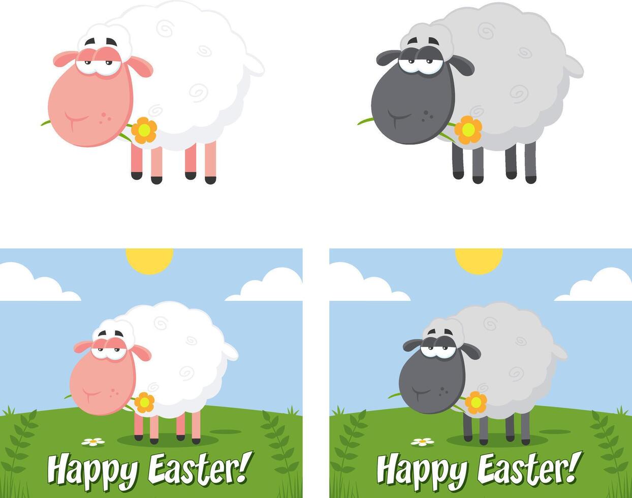 Sheep Cartoon Characters With A Flower. Flat Design Collection vector