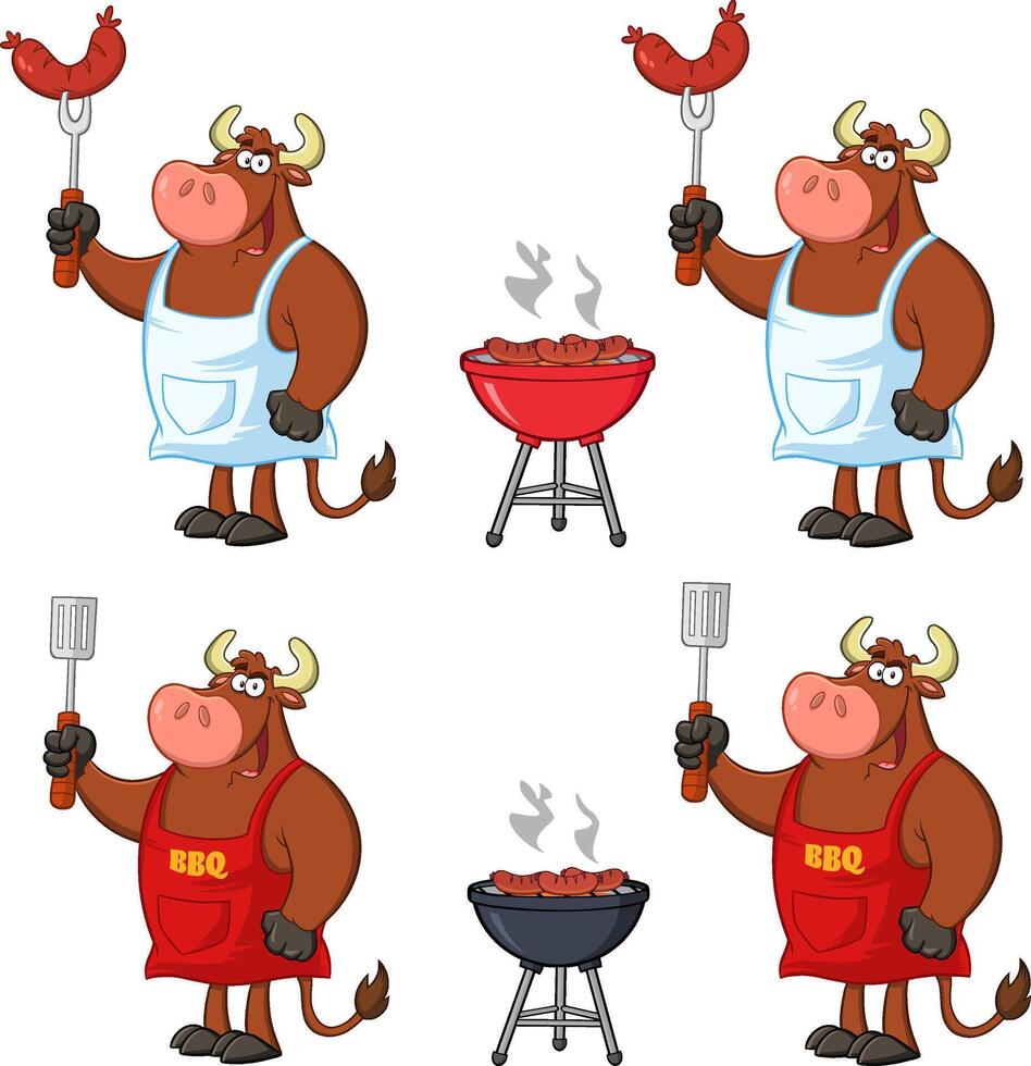 Bull Chef Cartoon Mascot Character. Collection Set Isolated On White Background vector