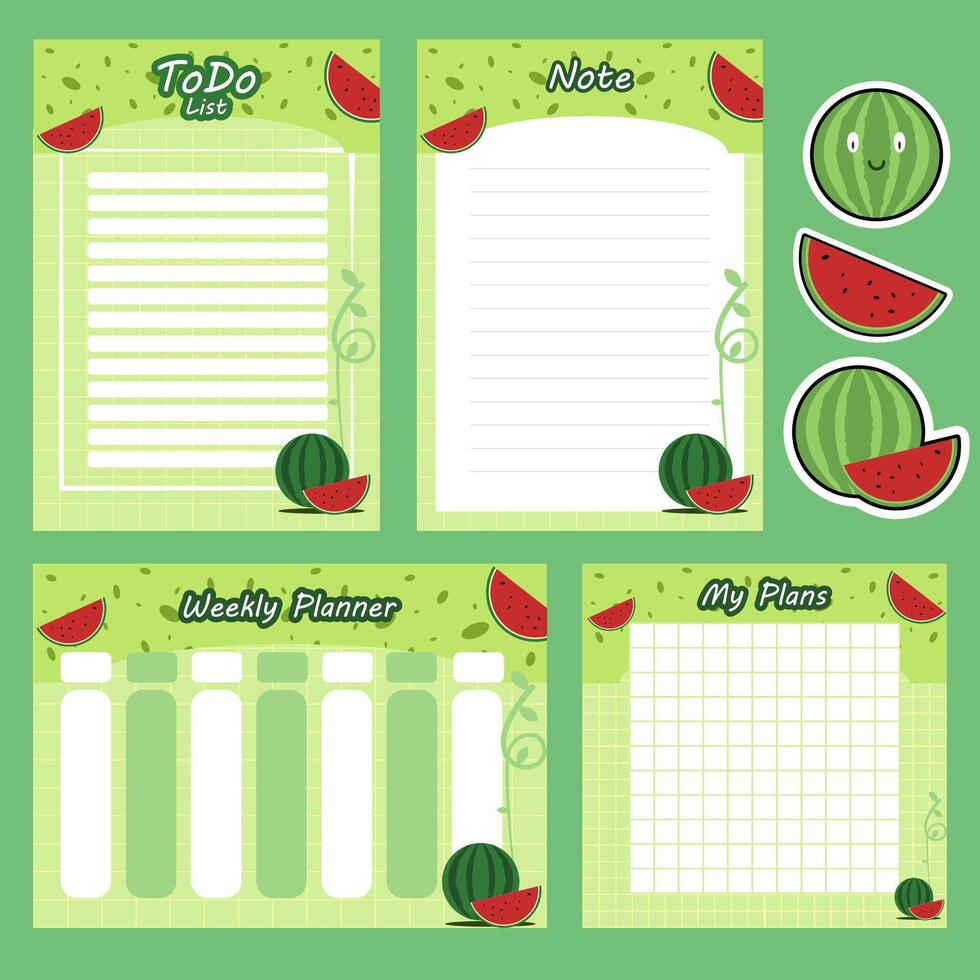 a set of watermelon planner pages with stickers and notes vector