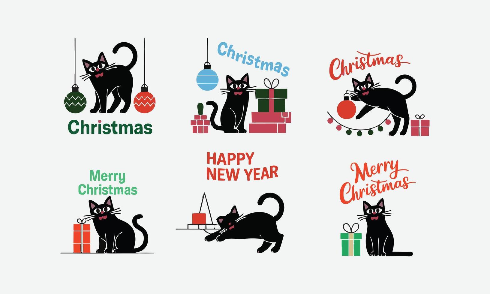 Christmas-themed illustrations featuring a black cat vector