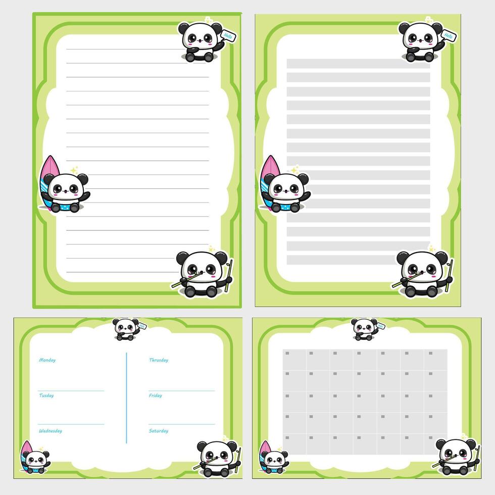 panda stationery set with a green border and a panda bear vector